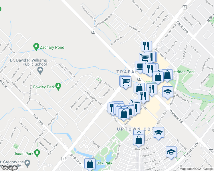 map of restaurants, bars, coffee shops, grocery stores, and more near 3032 Postville Street in Oakville