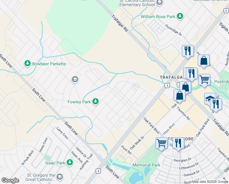map of restaurants, bars, coffee shops, grocery stores, and more near 178 Fowley Drive in Oakville