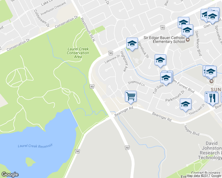 map of restaurants, bars, coffee shops, grocery stores, and more near 330 Daleview Place in Waterloo
