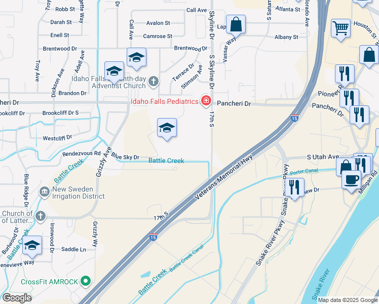 map of restaurants, bars, coffee shops, grocery stores, and more near 1755 Blue Sky Drive in Idaho Falls