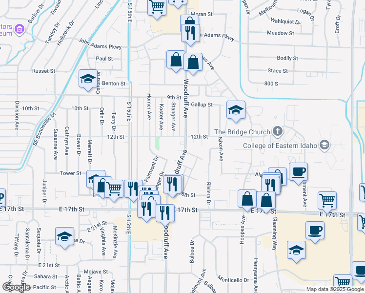 map of restaurants, bars, coffee shops, grocery stores, and more near 1284 South Woodruff Avenue in Idaho Falls