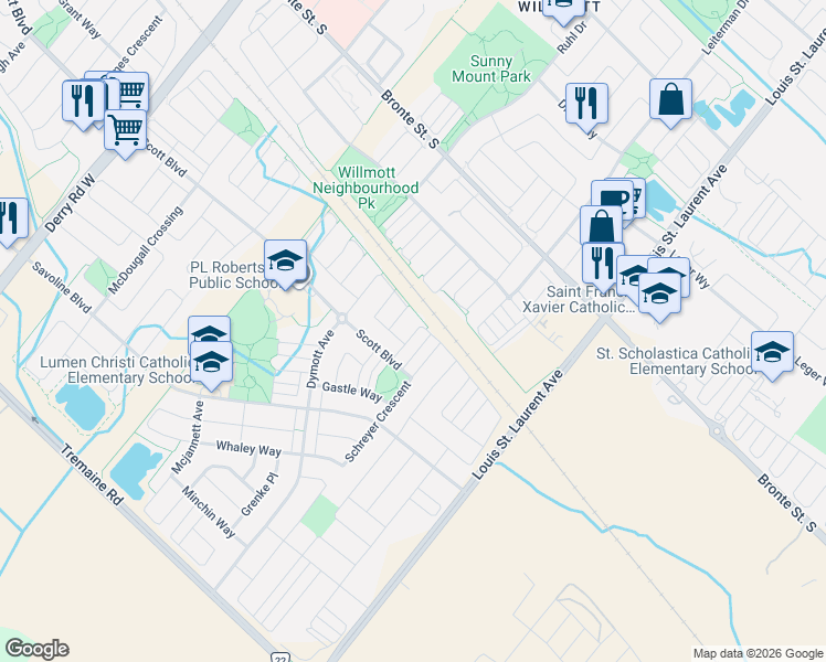 map of restaurants, bars, coffee shops, grocery stores, and more near 67 Gleave Terrace in Milton
