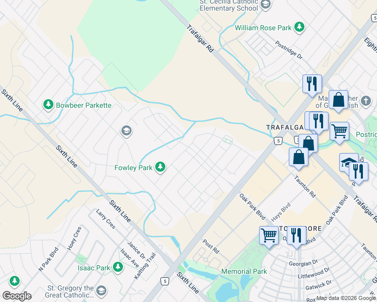 map of restaurants, bars, coffee shops, grocery stores, and more near 94 Fowley Drive in Oakville