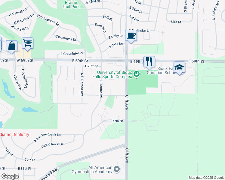 map of restaurants, bars, coffee shops, grocery stores, and more near 6400 South Santa Rosa Circle in Sioux Falls