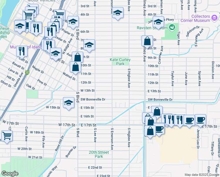 map of restaurants, bars, coffee shops, grocery stores, and more near 295 E 13th St in Idaho Falls