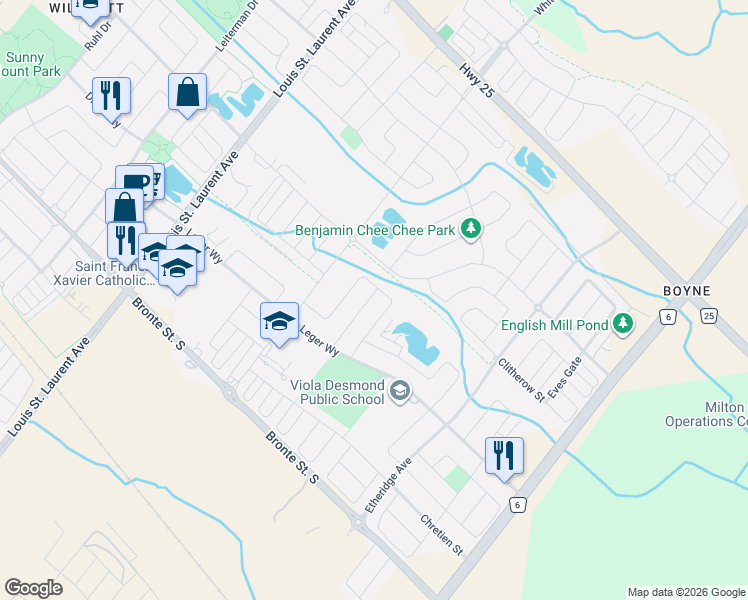 map of restaurants, bars, coffee shops, grocery stores, and more near 370 Hinton Terrace in Milton