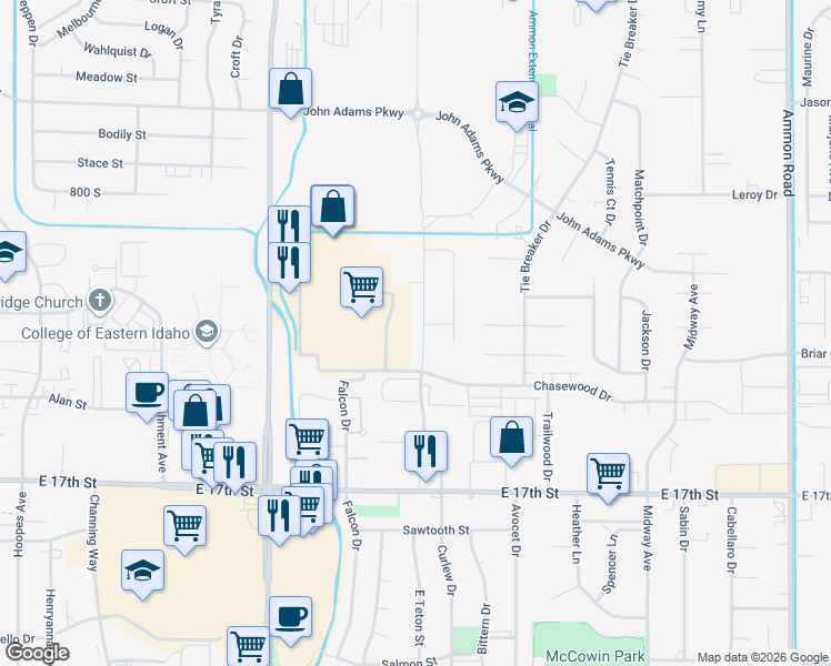 map of restaurants, bars, coffee shops, grocery stores, and more near 1196 Curlew Drive in Ammon