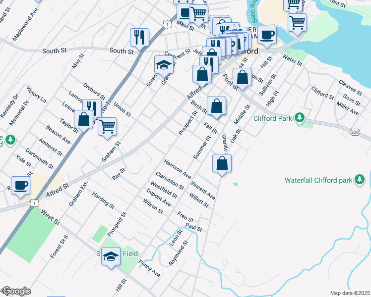 map of restaurants, bars, coffee shops, grocery stores, and more near 22 Winter Street in Biddeford