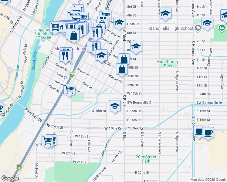 map of restaurants, bars, coffee shops, grocery stores, and more near 520 Maple Street in Idaho Falls
