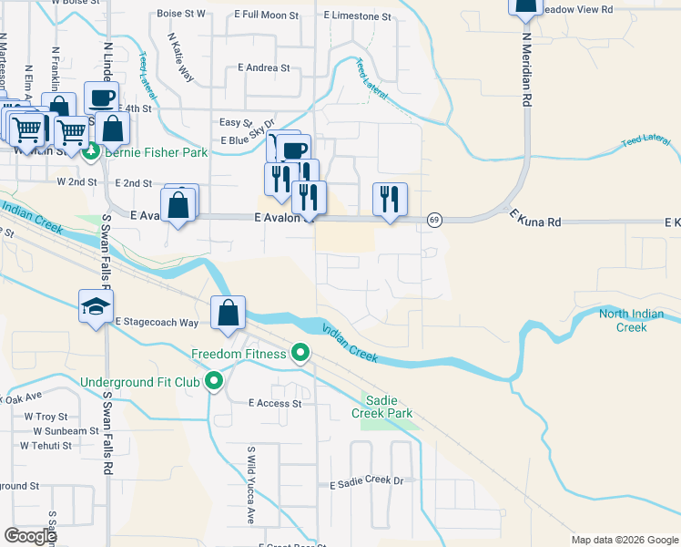 map of restaurants, bars, coffee shops, grocery stores, and more near 835 East Wandering Lane in Kuna