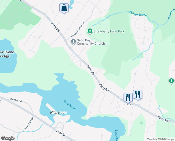 map of restaurants, bars, coffee shops, grocery stores, and more near 189 Ferry Road in Saco