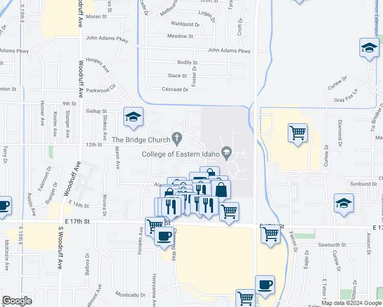 map of restaurants, bars, coffee shops, grocery stores, and more near 1250 Ashment Avenue in Idaho Falls