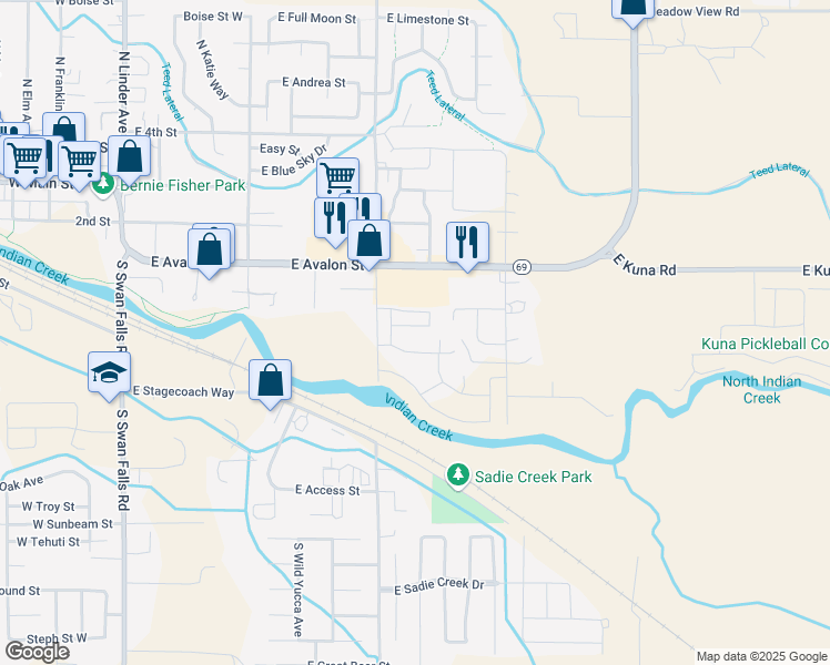 map of restaurants, bars, coffee shops, grocery stores, and more near 835 East Wandering Lane in Kuna