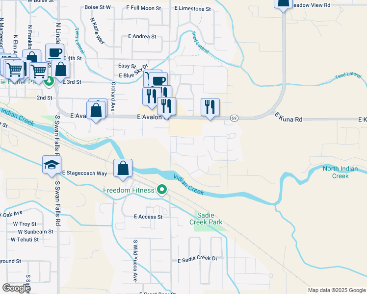map of restaurants, bars, coffee shops, grocery stores, and more near 835 East Wandering Lane in Kuna