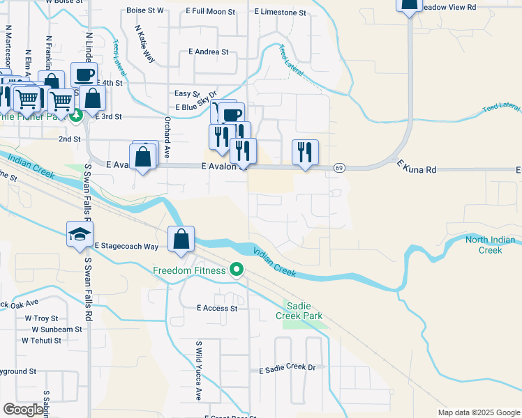 map of restaurants, bars, coffee shops, grocery stores, and more near 835 East Wandering Lane in Kuna