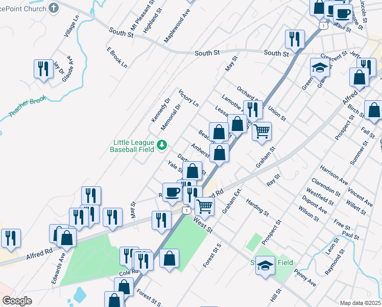 map of restaurants, bars, coffee shops, grocery stores, and more near 5 Rugby Street in Biddeford