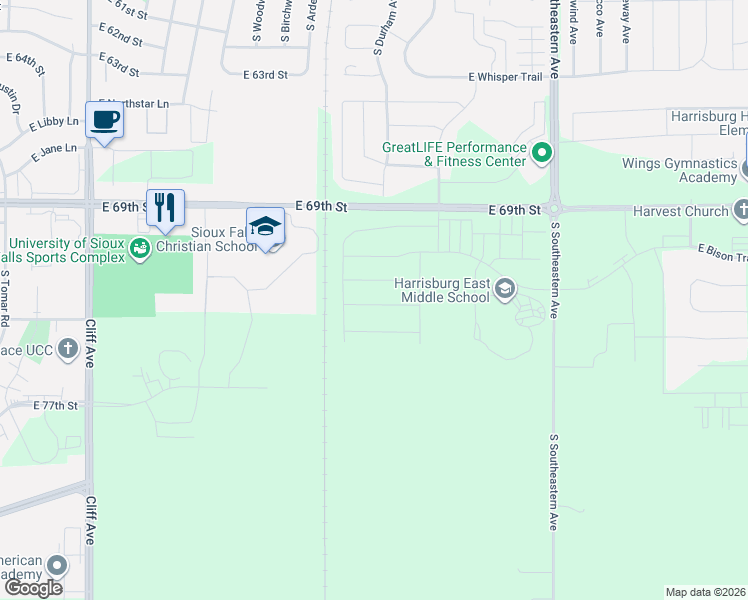 map of restaurants, bars, coffee shops, grocery stores, and more near 6120 South Charger Circle in Sioux Falls