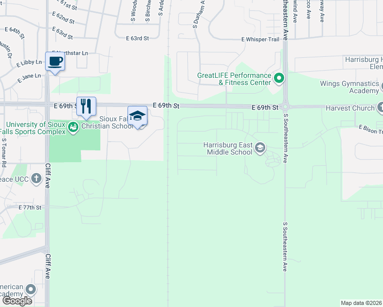 map of restaurants, bars, coffee shops, grocery stores, and more near 6120 South Charger Circle in Sioux Falls