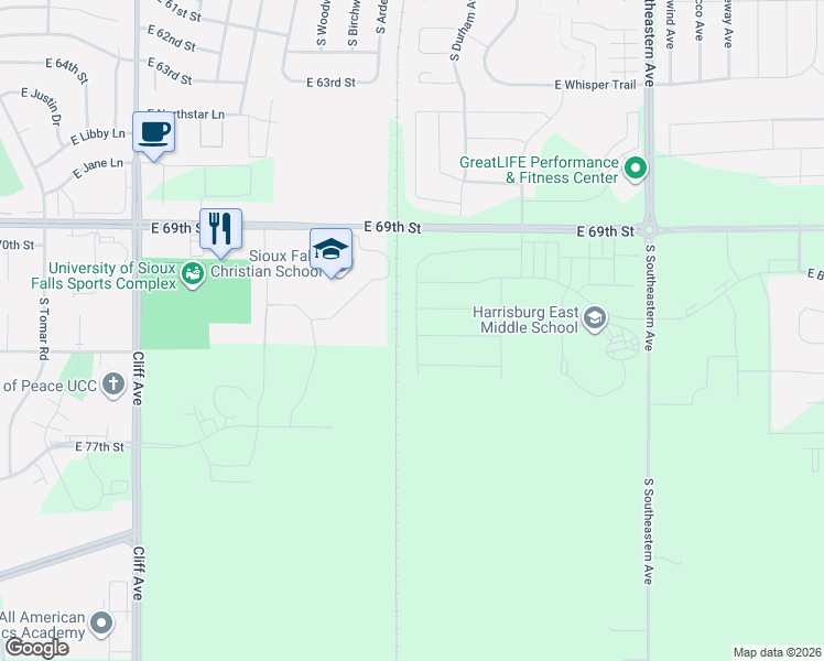 map of restaurants, bars, coffee shops, grocery stores, and more near 6120 South Charger Circle in Sioux Falls