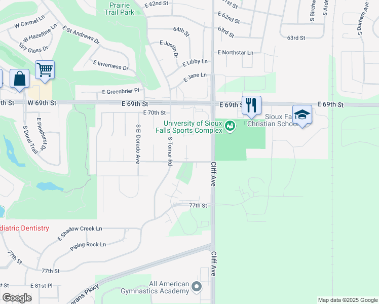 map of restaurants, bars, coffee shops, grocery stores, and more near 6400 South Santa Rosa Circle in Sioux Falls