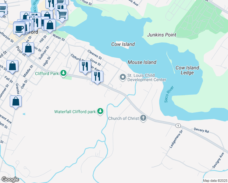 map of restaurants, bars, coffee shops, grocery stores, and more near 224 Pool Street in Biddeford