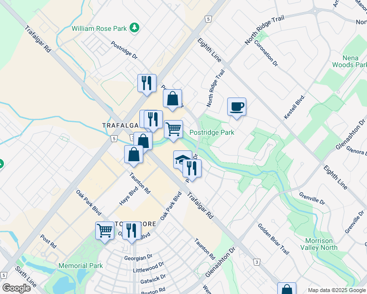 map of restaurants, bars, coffee shops, grocery stores, and more near 2423 Trafalgar Road in Oakville