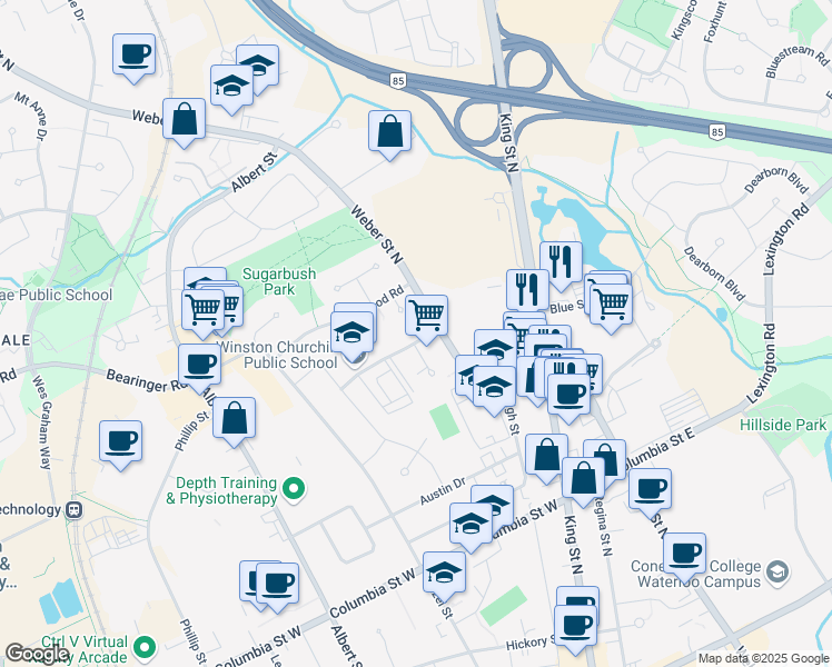 map of restaurants, bars, coffee shops, grocery stores, and more near 72 Milford Avenue in Waterloo