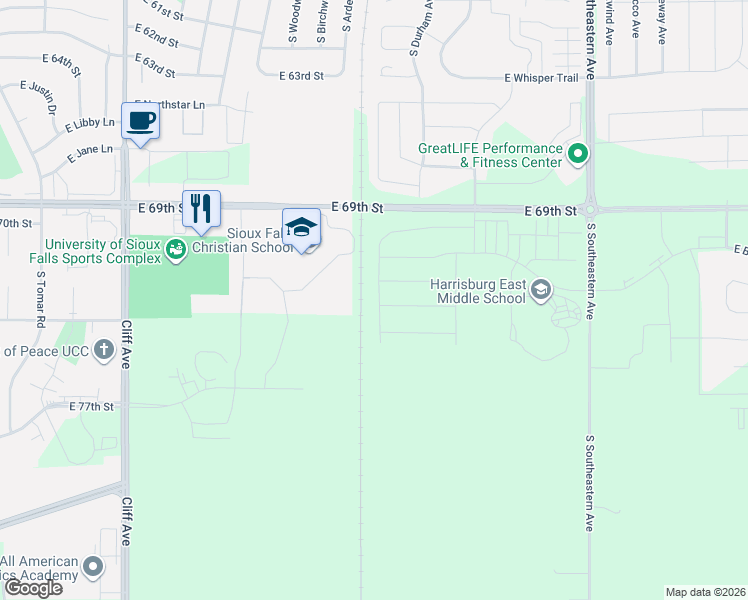 map of restaurants, bars, coffee shops, grocery stores, and more near 6120 South Charger Circle in Sioux Falls
