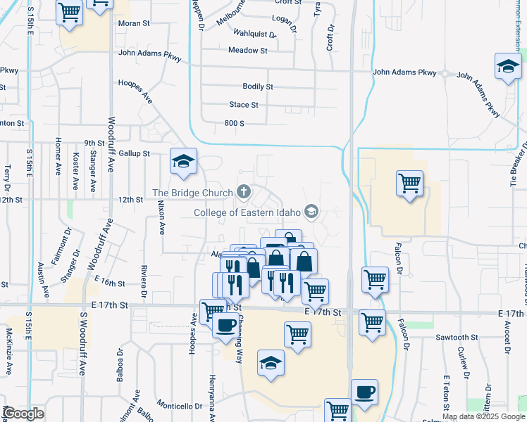map of restaurants, bars, coffee shops, grocery stores, and more near 1250 Ashment Avenue in Idaho Falls
