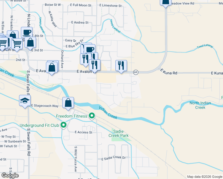 map of restaurants, bars, coffee shops, grocery stores, and more near 949 East Travel Lane in Kuna
