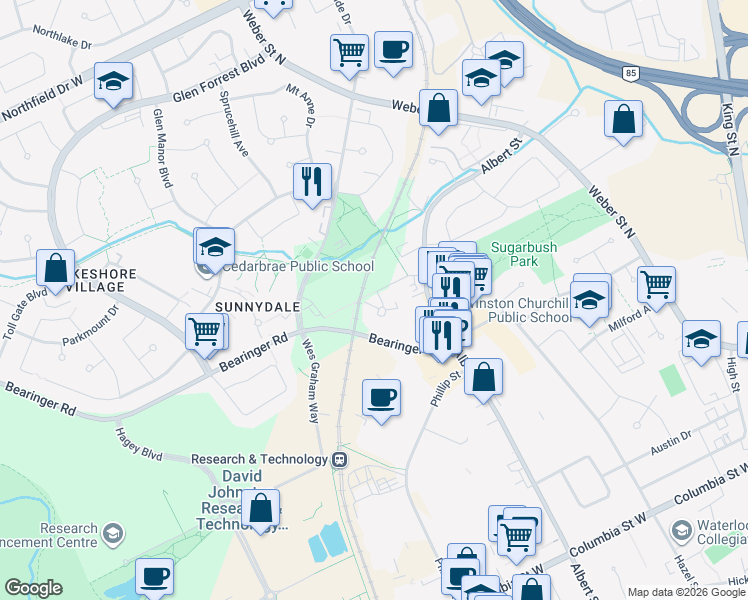 map of restaurants, bars, coffee shops, grocery stores, and more near 513 Quiet Place in Waterloo
