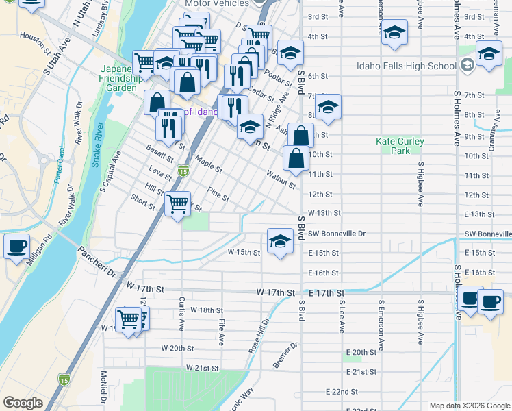 map of restaurants, bars, coffee shops, grocery stores, and more near 265 South Placer Avenue in Idaho Falls