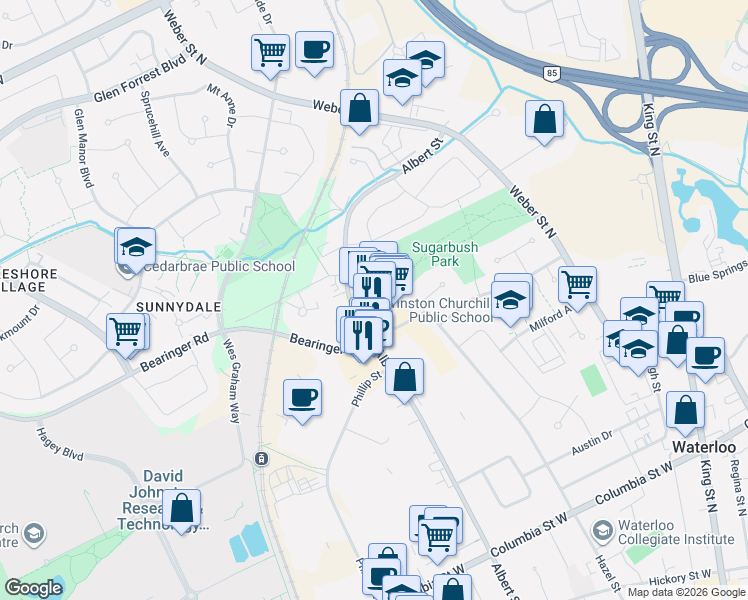 map of restaurants, bars, coffee shops, grocery stores, and more near 494 Albert Street in Waterloo