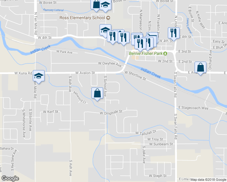 map of restaurants, bars, coffee shops, grocery stores, and more near 726 West Bury Street in Kuna