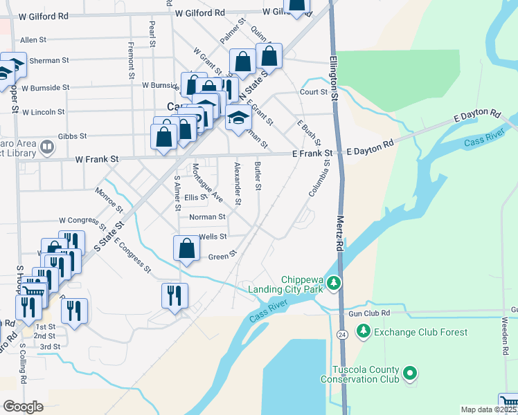 map of restaurants, bars, coffee shops, grocery stores, and more near 170 Butler Street in Caro