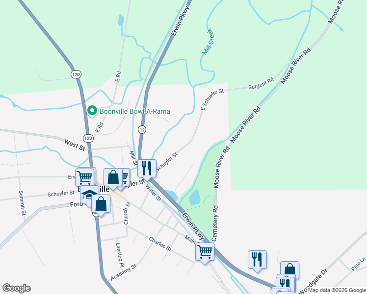 map of restaurants, bars, coffee shops, grocery stores, and more near 226 East Schuyler Street in Boonville