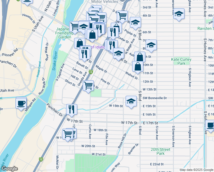 map of restaurants, bars, coffee shops, grocery stores, and more near 350 South Ridge Avenue in Idaho Falls