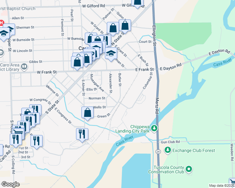 map of restaurants, bars, coffee shops, grocery stores, and more near 170 Butler Street in Caro