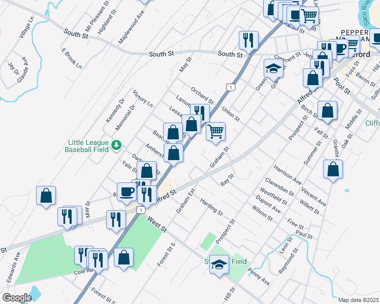 map of restaurants, bars, coffee shops, grocery stores, and more near 12 Marshall Avenue in Biddeford