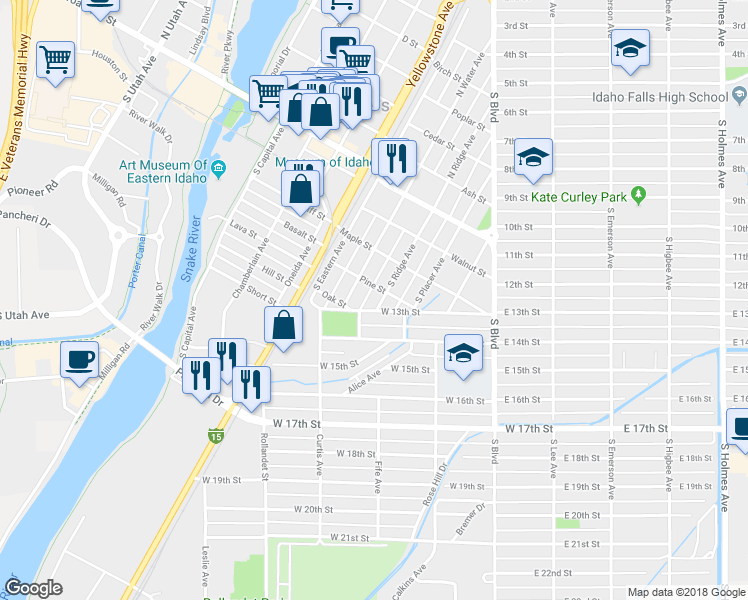 map of restaurants, bars, coffee shops, grocery stores, and more near 390 West 13th Street in Idaho Falls