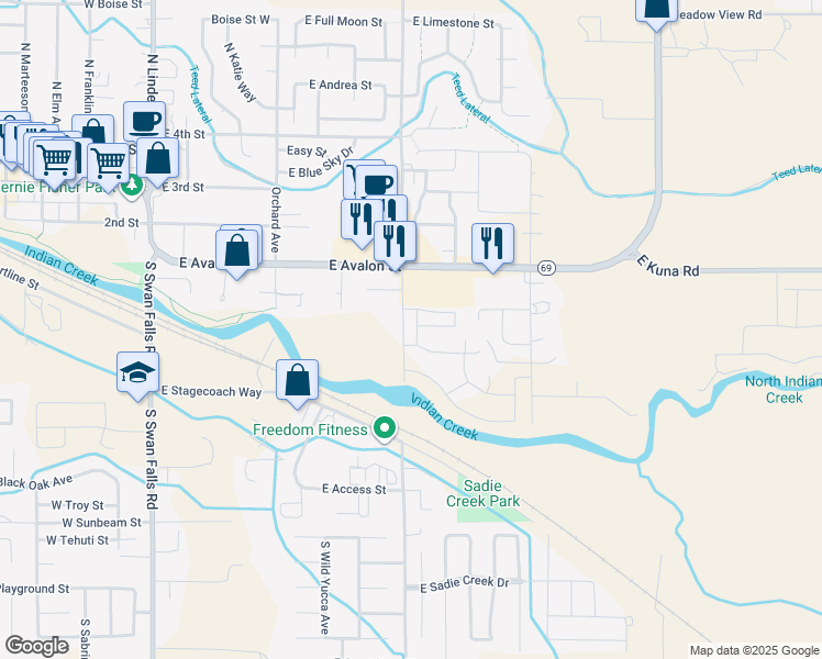 map of restaurants, bars, coffee shops, grocery stores, and more near 835 East Wandering Lane in Kuna