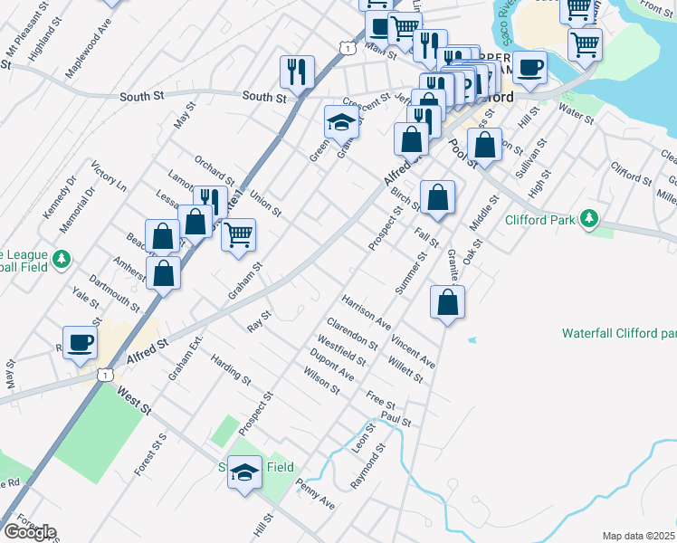 map of restaurants, bars, coffee shops, grocery stores, and more near 78 Prospect Street in Biddeford