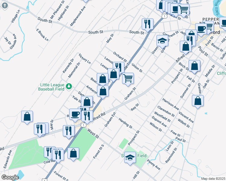 map of restaurants, bars, coffee shops, grocery stores, and more near 12 Marshall Avenue in Biddeford