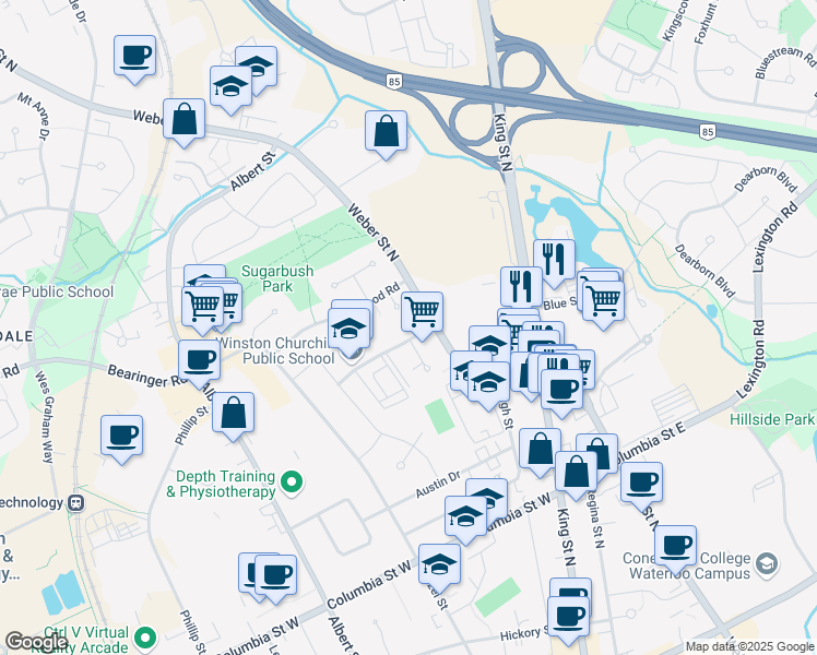 map of restaurants, bars, coffee shops, grocery stores, and more near 72 Milford Avenue in Waterloo