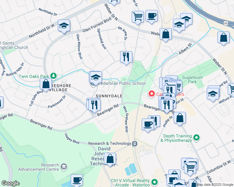 map of restaurants, bars, coffee shops, grocery stores, and more near in Waterloo