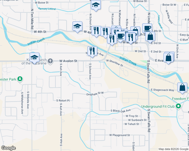 map of restaurants, bars, coffee shops, grocery stores, and more near 726 West Bury Street in Kuna