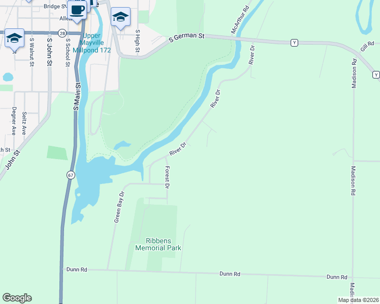 map of restaurants, bars, coffee shops, grocery stores, and more near 611 Wood Court in Mayville