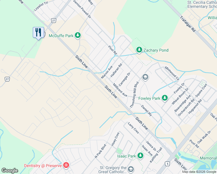 map of restaurants, bars, coffee shops, grocery stores, and more near 3251 Sixth Line in Oakville
