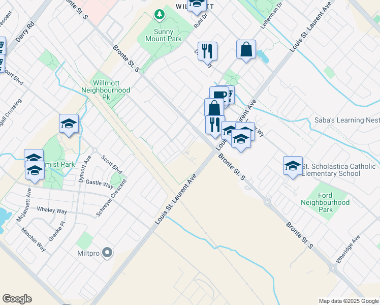 map of restaurants, bars, coffee shops, grocery stores, and more near 1050 Bronte Street South in Milton