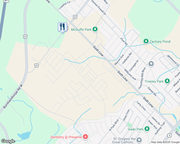 map of restaurants, bars, coffee shops, grocery stores, and more near 3329 Azam Way in Oakville
